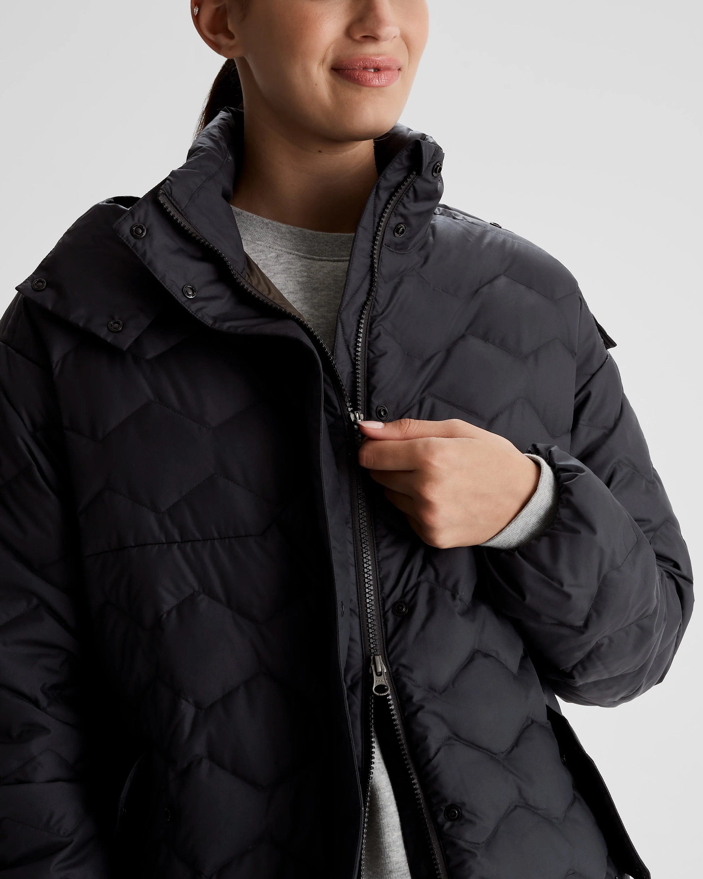 Women's Any Time Down Hooded Parka  Jacket- Black Stingray - Image 8